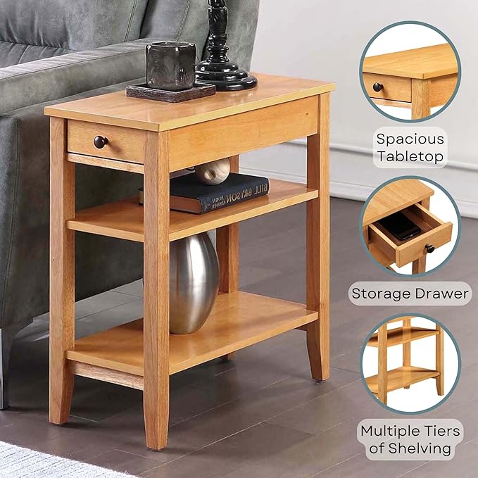Convenience Concepts American Heritage Chairside End Table 23.5" - Classic Narrow Side Accent with Storage Drawer & Shelves for Living Room or Traditional Bedroom Nightstand, Natural