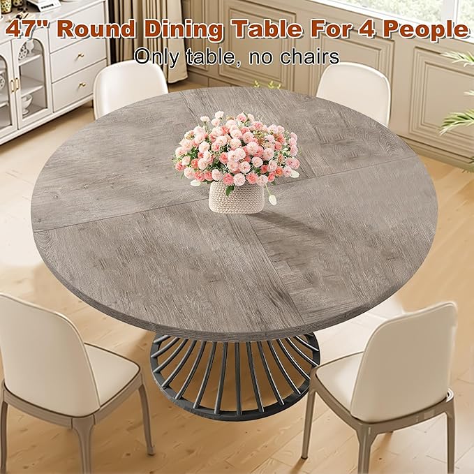 Round Dining Table for 4, 47-Inch Farmhouse Dinner Table Wooden Circle Kitchen Tables with Metal Base for Dining Room, Kitchen, Living Room, Grey and Black