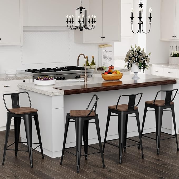 30 Inch Swivel Bar Stools Set of 4 with Backs Counter Height Industrial Metal Barstools Island Bar Chairs for Home Kitchen Dining Room (Swivel 30 inch,Matte Black Wooden)