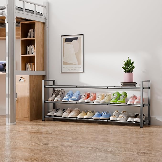 Bumusty 3-Tier Long Expandable Shoe Rack for Closet, 18"-44" Adjustable Shoe Rack for Entryway, 15-18 Pairs Large Shoe Organizer Shelf Storage, Sturdy Metal, Grey