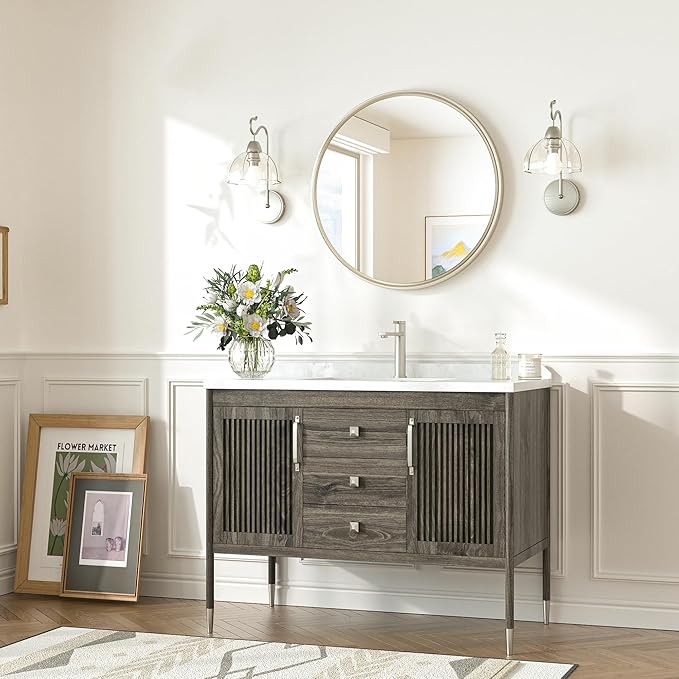 TokeShimi 18 in Round Brushed Nickel Mirror Bathroom, Shatterproof Bathroom Vanity Mirror Circle, 18x18 Silver Round Mirrored Farmhouse Aluminum for Entryway, Bedroom, Restroom, Vanity, Living Room