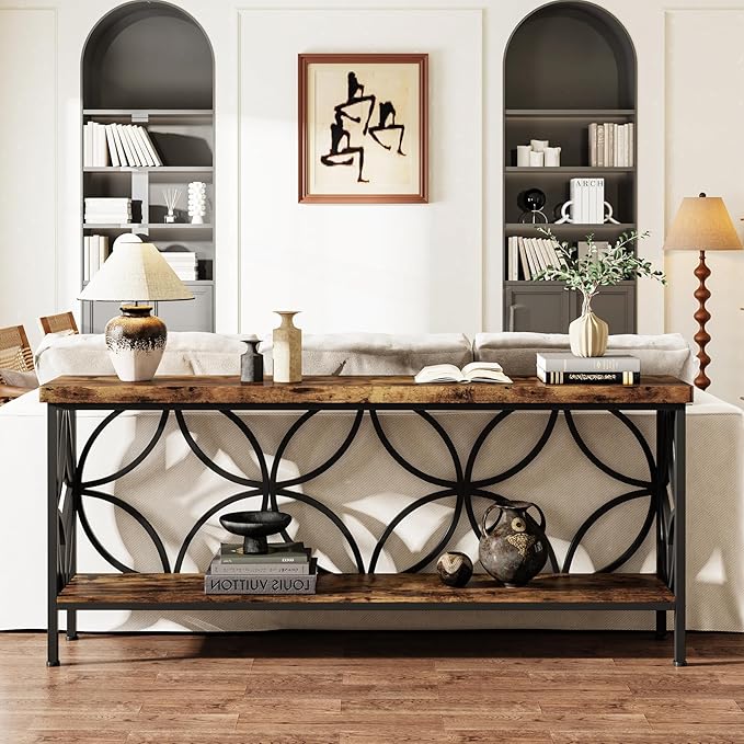 LITTLE TREE Sofa Table, 70.9 Inch Industrial Behind Couch Table with Storage Shelves, Narrow Long Console Table for Entryway, Living Room, Foyer, Hallway, Office