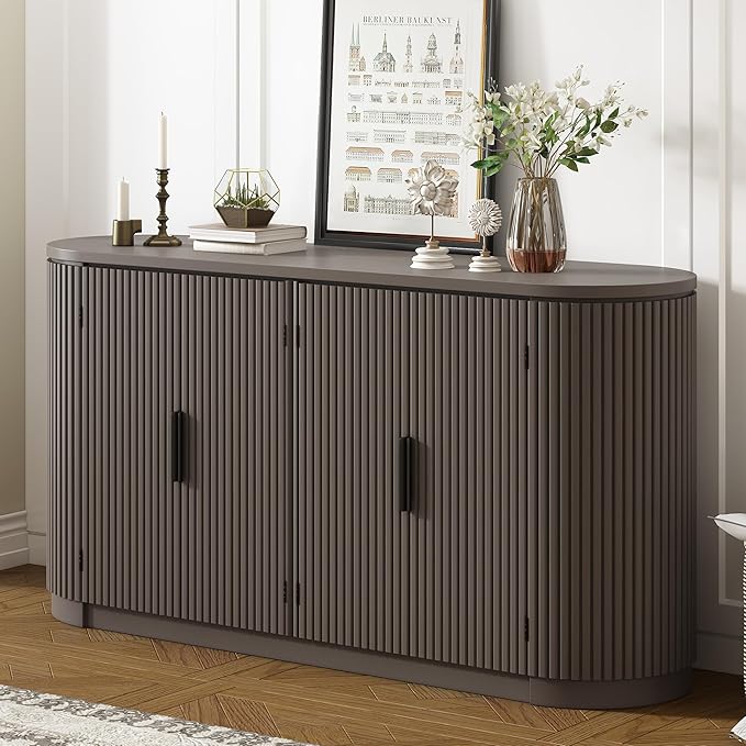 Merax 63" Large Sideboard, Vertical Striped Storage Cabinet with 4 Door, Metal Handles, Adjustable Shelf, Suitable for Study, Entryway and Living Room, Brown