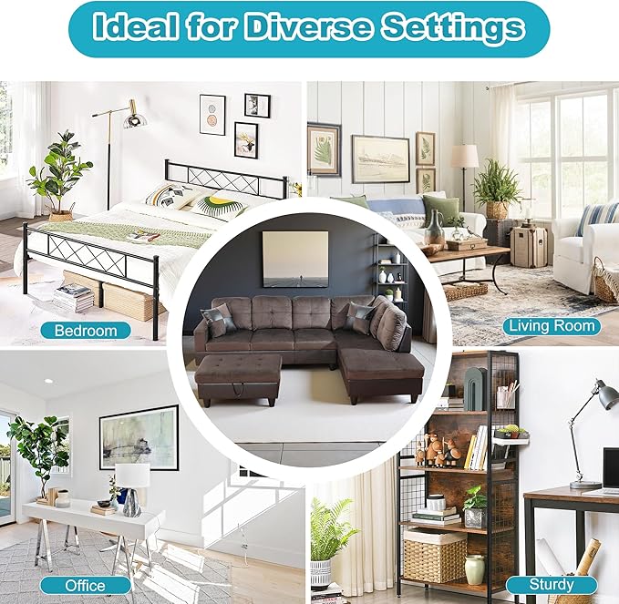 Couches for Living Room Comfy Flannel Fabric 3 Pieces Sectional Sofa with Chaise, Ottoman with Storage for Office and Small Apartment, Dark Brown