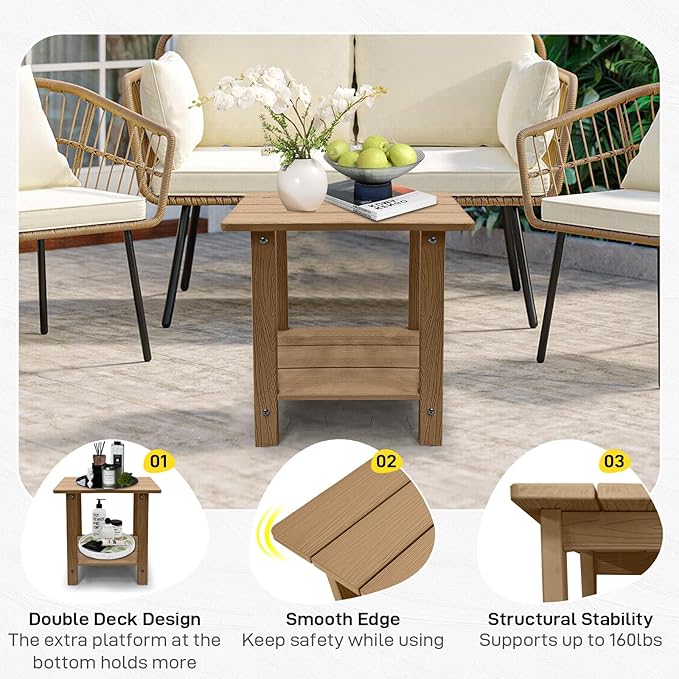 Melucivi Weather Resistant Outdoor Side Table, Double Small Adirondack Side Table for Adirondack Chair - Indoor Outdoor End Table, Patio Table for Pool, Deck and Porch (Brown)