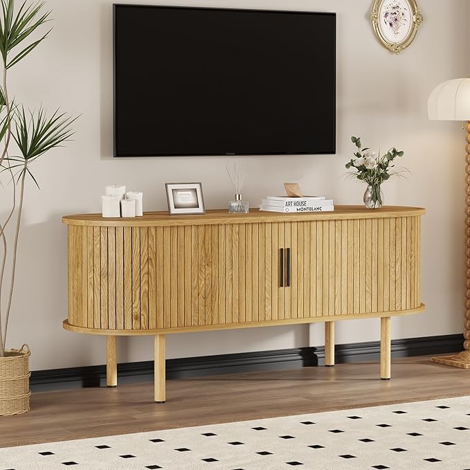GarveeHome 47.2" TV Stand, Modern TV Console Table with Storage Compartment and Sliding Door, Gaming Entertainment Center with Cabinet for Living Room, Bedroom, Office, Oak