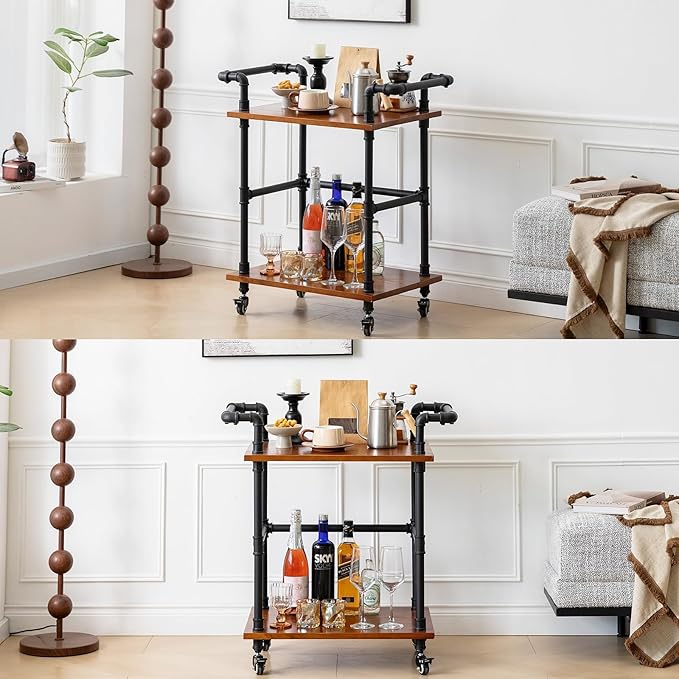 Industrial Pipe Bar Carts/Serving Carts/Kitchen Carts/Wine Rack Carts on Wheels with Shelves - Wood Rolling Carts - Wine Tea Liquor Shelves/Holder - Home Furniture (Two tiers pipe wood bar cart)