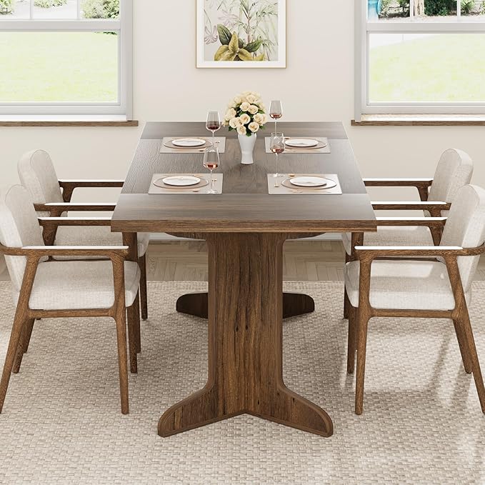 71" Large Dining Table for 6, Farmhouse Kitchen Table with Padded Top and Unique V-Shaped Feet, Rectangular Wooden Dining Table for 8 People for Home, Dining Room, Kitchen, Office, Walnut