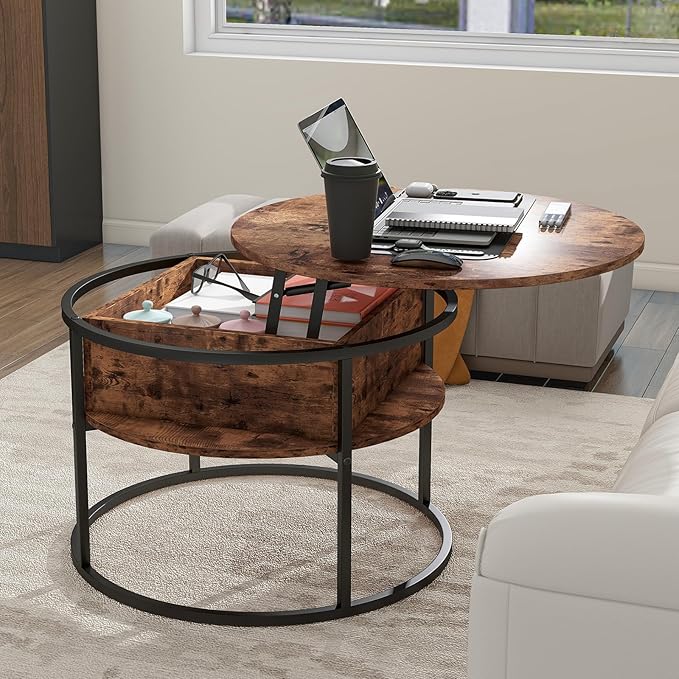 Round Lift Top Coffee Table,Coffee Tables Living Room,Black Coffee Table with Storage Hidden Compartment,Wood Farmhouse Coffee Table Decor,Center Table for Living Room,Modern Coffee Table