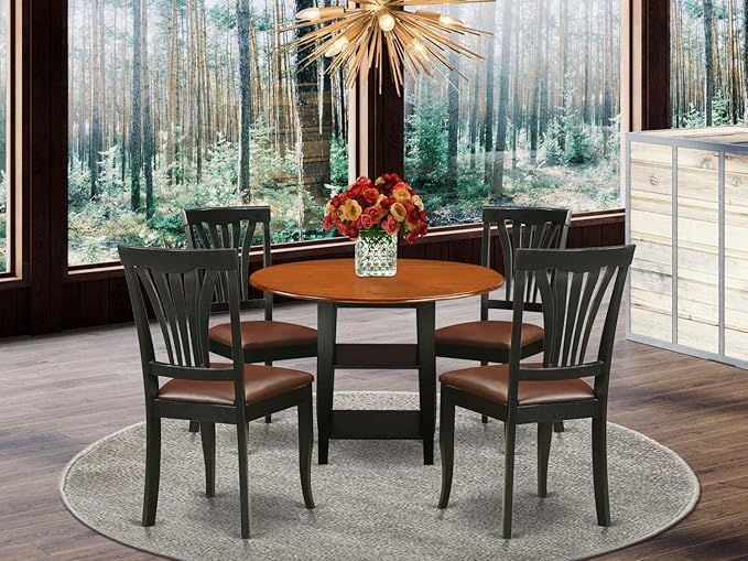 East West Furniture SUAV5-BCH-LC 5 Piece Dining Table Set for 4 Includes a Round Kitchen Table with Dropleaf & Shelves and 4 Faux Leather Dining Room Chairs, 42x42 Inch, Black & Cherry
