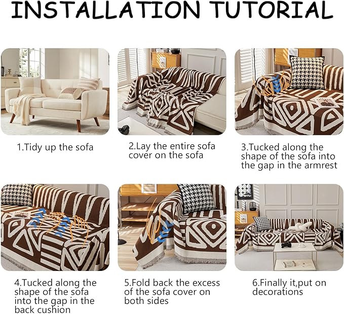 HANDONTIME Chocolate Boho Couch Cover Reversible Sofa Covers for 3 Cushion Couch Washable Sofa Cover for Dogs Boho Couches Covers Chenille Couch Protector Couch Covers for Sofa, 71" X118"