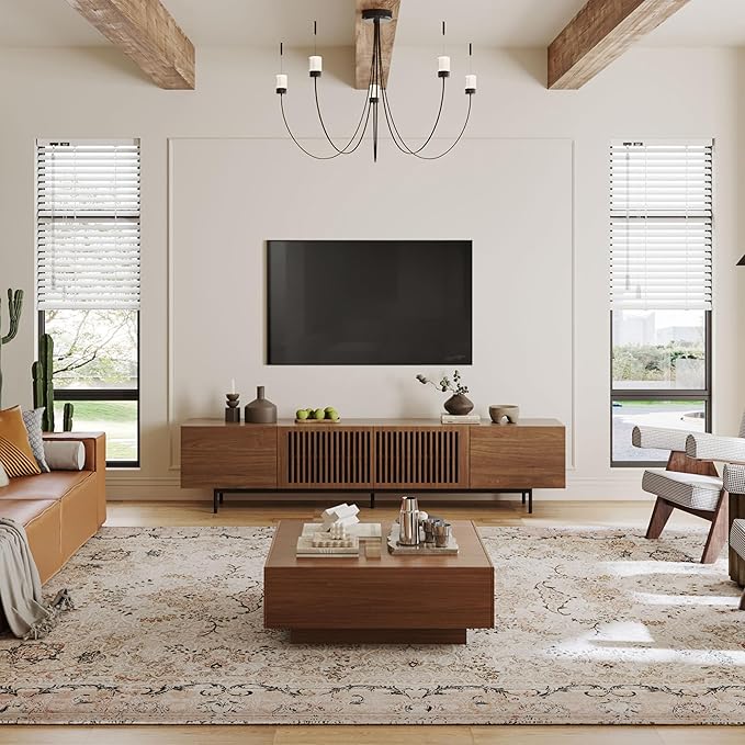POVISON Full Assembled Mid-Century Modern TV Stand with Slatted Doors, Wood Media Console for 80 85+ Inch TV, TV Console with Tall-cast Metal Legs, Entertainment Center with Storage for Living Room