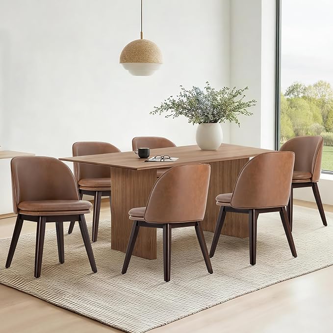 Wooden Dining Chairs Set of 2, Faux Leather Upholstered Modern Dining Room Chairs with Double-Layer Thick Seat Cushion & Ergonomic Backrest for Restaurant, Kitchen and Café, Brown