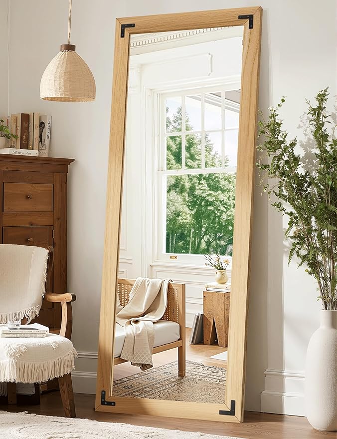 Full Length Mirror with Wooden Frame, 65"X24" Solid Wood Standing Floor Mirror for Farmhouse, Bathroom, Bedroom, Hanging or Leaning Wall-Mounted(Natural)