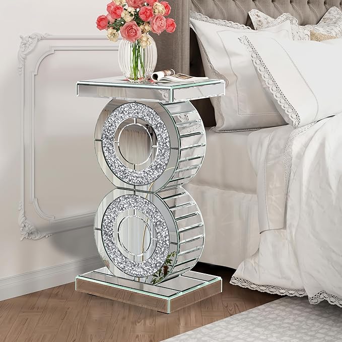 ENENE Mirrored End Table Crushed Diamond Coffee Table for Living Room Small Spaces Side Table for Bedroom Office Hallway Entryway