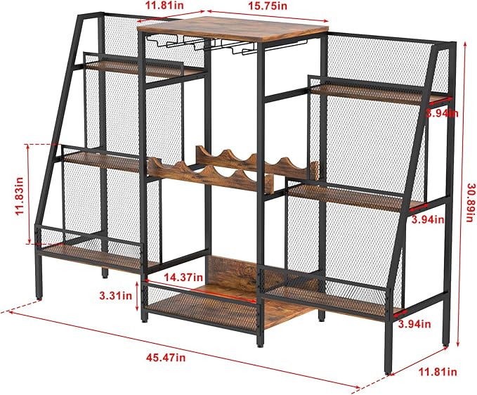 Versatile Bar Stand with Glass Holder, Wine Rack Freestanding Floor, Liquor Cabinet for Liquor Whiskey Wine, 6-Tier Stepped Bar Cabinet with Fences, Vintage Brown(Patent Pending)