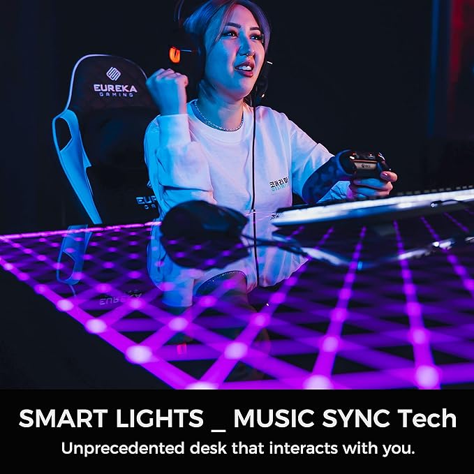 EUREKA ERGONOMIC RGB LED Lights 60 Inch L Shaped Reversible Black Glass Gaming Desk Home Office Computer Table GTG L60