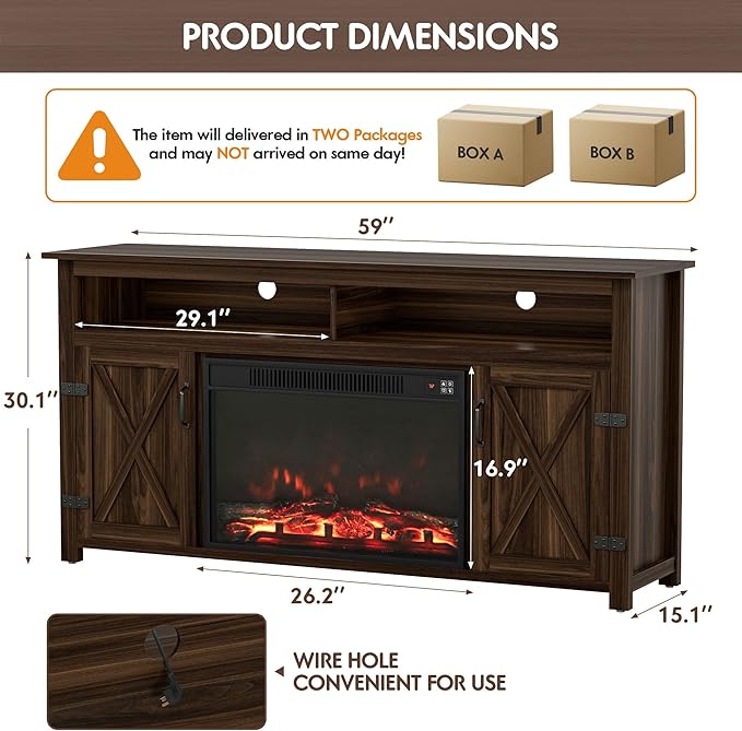 YESHOMY Fireplace TV Stand for Television up to 65+ Inch with Storage and Farmhouse Barn Doors, Entertainment Center with Cabinet and Shelves, Media Console for Living Room, Walnut