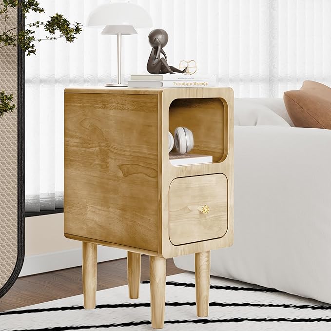 Narrow Nightstand, Solid Wood Night Stand with Drawers, Natural Mid Century Modern Nightstand, Small Beside Table with Open Storage Shelf for Bedroom (10 inch)