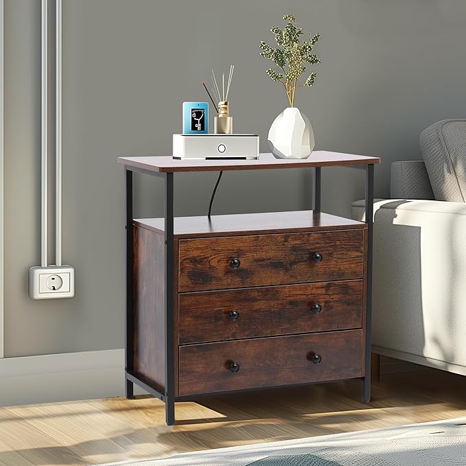 3 Wooden Drawers Night Stand, 27 Inch Wide Nightstand with Charging Station and Adjustable Drawers, Bedside Table for Living Room/Bedroom/Office, Retro Brown.