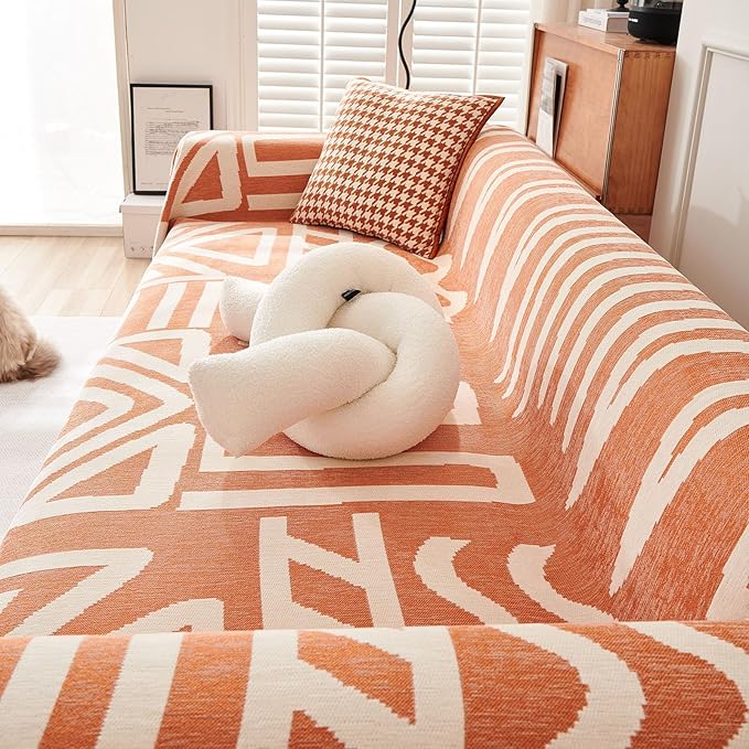STACYPIK Geometric Orange Sofa Cover - Boho Triangle Reversible Protector for 3 Cushion Couch - Pet-Friendly, Washable Multi-Use Blanket - 91x150IN