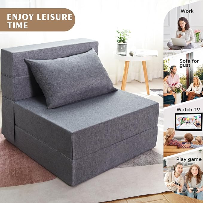 Folding Sofa Bed, Convertible Futon Sofa Bed with Pillow, Foldable Sleeper Chair with Washable Cover, Fold Out Couch for Guest Room, Living Room, Dorm, Single Size, Light Grey