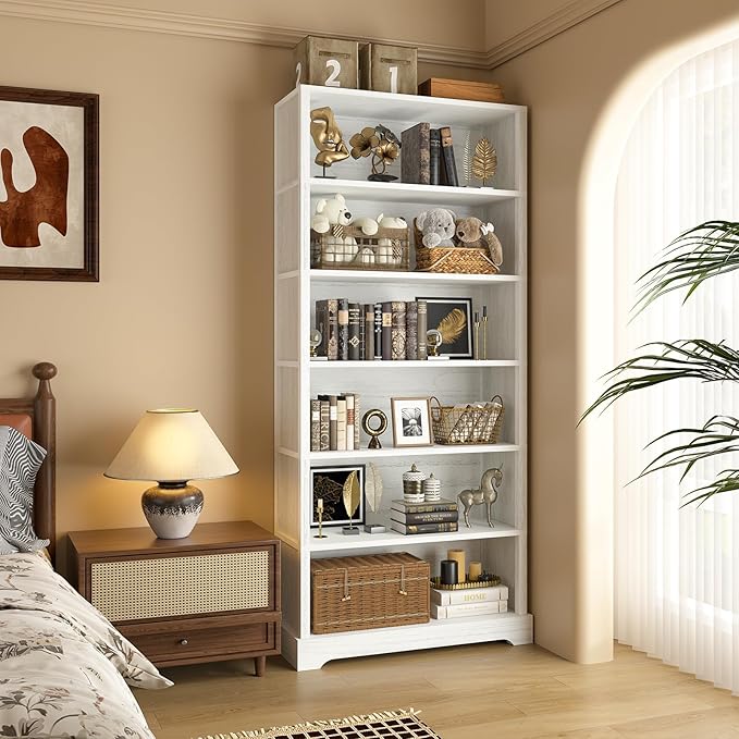 TVU 6 Shelf Bookcase, Freestanding Open Bookshelf, Tall Book Shelf, 11.8" D x 31.5" W x 77.2" H, for Living Room, Dining Room, Study, Office, Antique White