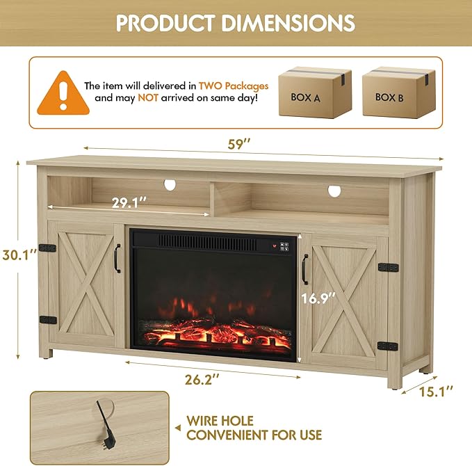 YESHOMY Fireplace TV Stand for Television up to 65+ Inch with Storage and Farmhouse Barn Doors, Entertainment Center with Cabinet and Shelves, Media Console for Living Room, Oak