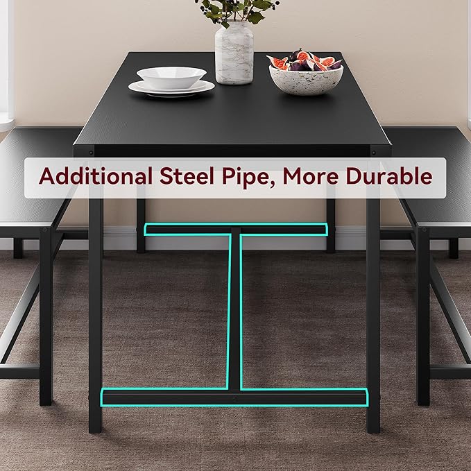 Dining Table Set for 4 with 2 Benches, 3-Piece Kitchen Table Set, Space-Saving Dining Set for Kitchen, Dining Room, Black