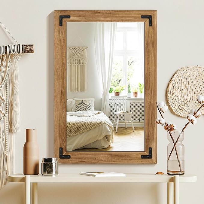Bathroom Mirror for Wall with Wooden Frame, 36"x24" Solid Wood Vanity Mirror for Farmhouse, Bathroom, Bedroom Decor, Vertical or Horizontal Hanging