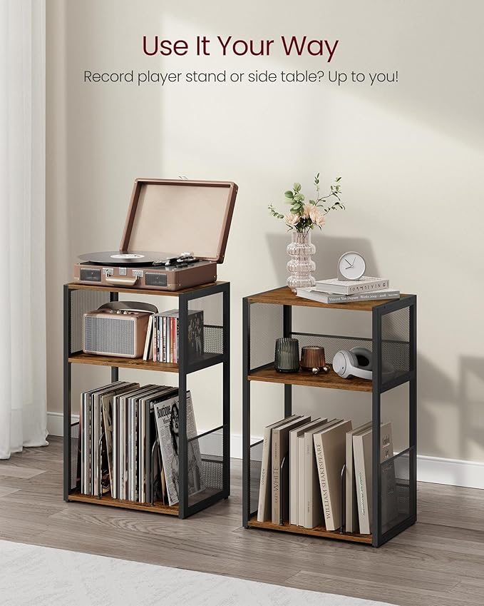 VASAGLE Record Player Stand, 3-Tier Side Table, Vinyl Record Storage up to 100 Albums, End Table for Living Room, Bedroom, Rustic Brown ULET275K01