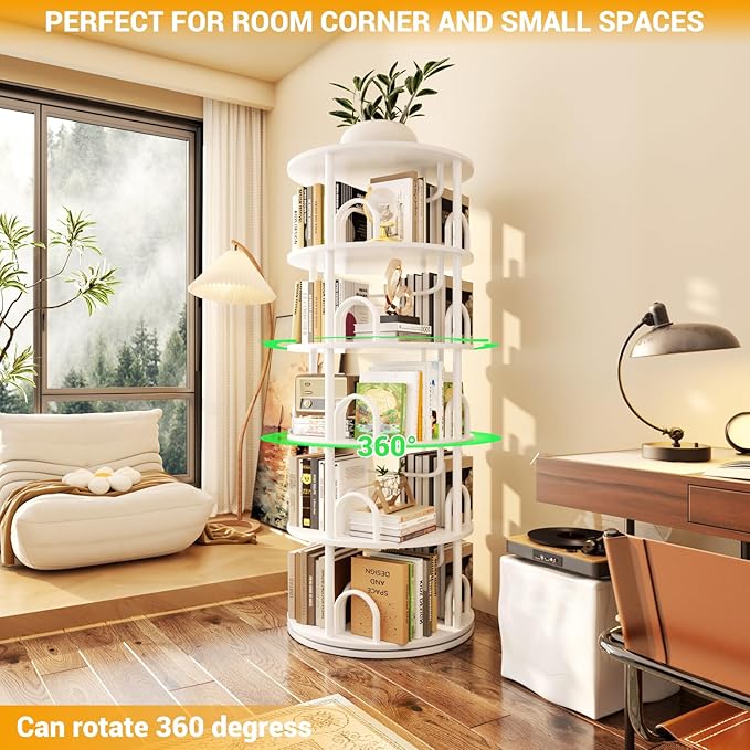 Aheaplus 5 Tier Rotating Bookshelf Tower, 360 Display Spinning Bookcase, Revolving Round Book Shelf Narrow Swivel Bookshelf, Vertical Turning Spiral Corner Book Organizer for Small Space, White