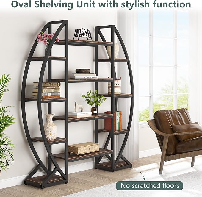 Tribesigns Oval Bookshelf, Triple Wide 5 Tier Etagere Bookcase, Industrial Display Shelves for Living Room (Brown, 55")