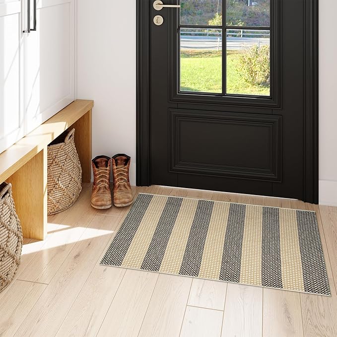 OJIA Fall Front Door Mat Outside Entrance 24"x35" Tan Halloween Doormat Front Door Rug Washable Porch Rugs Woven Striped Outdoor Rugs Entryway Rugs Indoor Small Area Rug for Kitchen Entry Bathroom