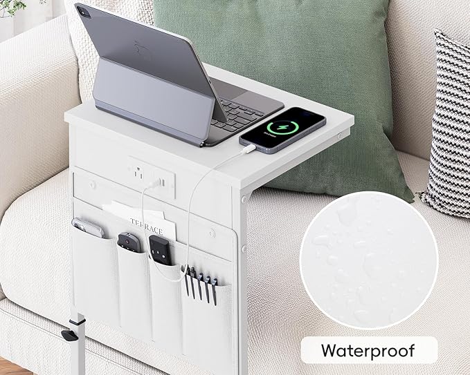 Vagusicc C Shaped End Table with Charging Station, Adjustable Height Side Table for Couch, Sofa Table Laptop Couch Side Tables, Slide Under Sofa TV Tray Arm C Tables for Living Room Bedroom, White