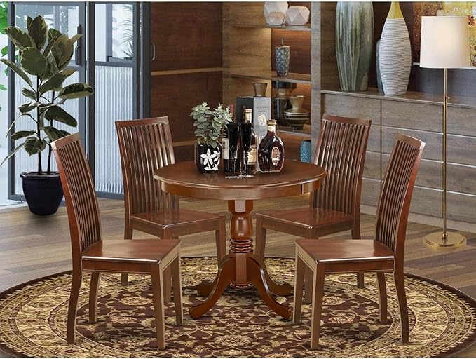 East West Furniture ANIP5-MAH-W 5 Piece Kitchen Table & Chairs Set Includes a Round Dining Room Table with Pedestal and 4 Dining Room Chairs, 36x36 Inch, Mahogany