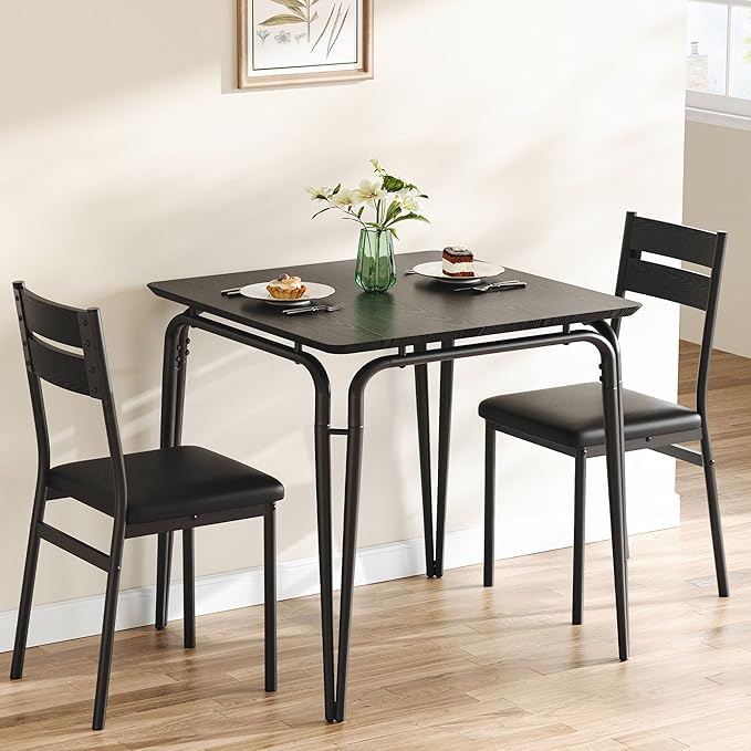 Dining Table for 2, Small Table and Chairs Set of 2, Square Dinette Set for 2, 3 Piece Kitchen & Dining Room Sets for Small Space (Black, Table with 2 Upholstered Chairs)