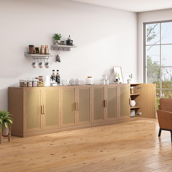 Buffet Cabinet, 4-Doors Sideboard Cabinet with Rattan Panels, Buffet Console Accent Table for Hallway Entryway Dining Room, 62", Oak