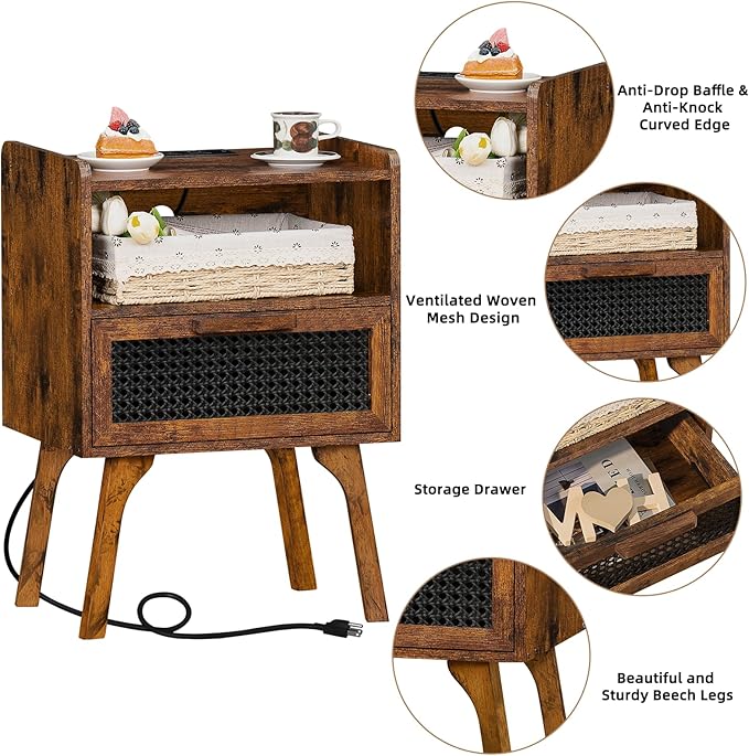 Lerliuo Rattan Nightstand with Charging Station, Side Table with Drawer Open Shelf, Cane Accent Bedside End Table with Solid Wood Legs, Night Stand for Bedroom, Dorm and Small Spaces (Brown)
