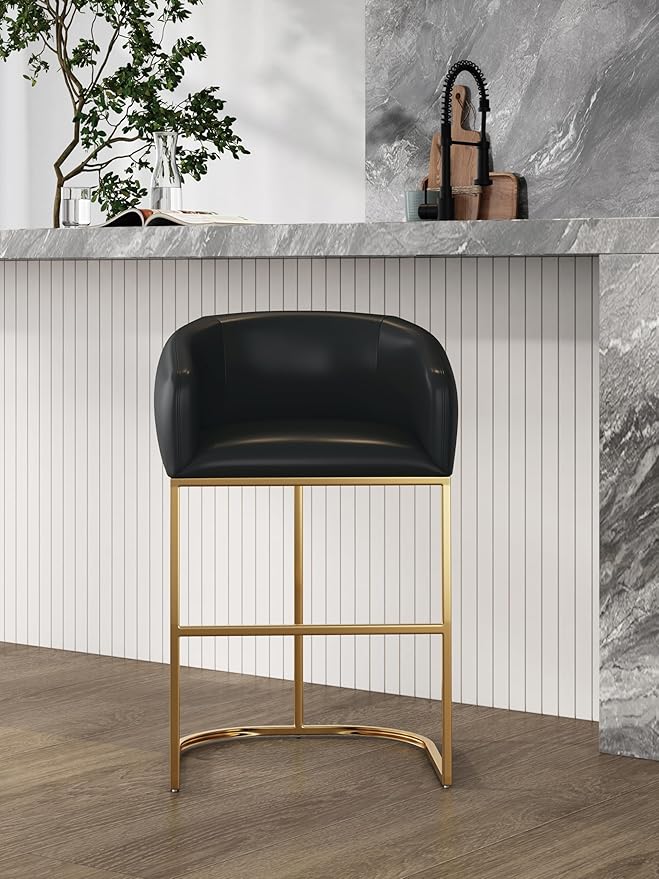 Manhattan Comfort Louvre 26 Inch Mid Century Modern Counter Height Bar Stools - Elegant Faux Leather Padded Seat, Stainless Steel Base with Footrest, Fully Assembled Barstools, Set of 1, Black & Gold