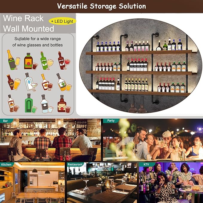 39.7in Large Wine Rack with LED Light Solid Wood Wall Mounted Wine Rack, 3-Tiers Liquor Bottles Floating Shelves Display Storage Organizer for Home Bar & Dining Room (100cm/39.7in)