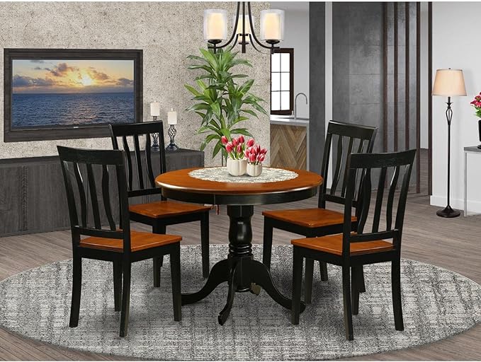 East West Furniture ANTI5-BLK-W 5 Piece Kitchen Table Set for 4 Includes a Round Dining Room Table with Pedestal and 4 Dining Chairs, 36x36 Inch, Black & Cherry