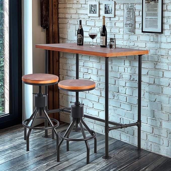 Industrial Rectangle Bar Table with Set of 2 Bar Stools Vintage 3 Pieces Pub Table Set for Home Office Farmhouse Dinner Table with Chairs