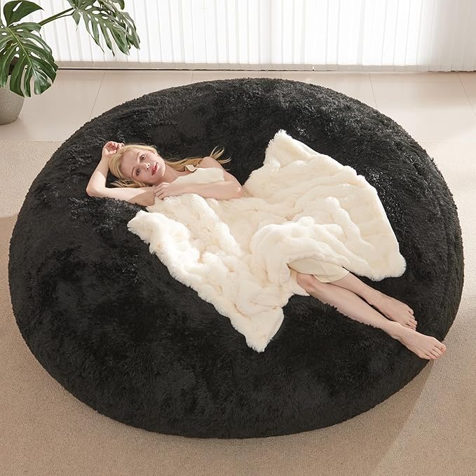 Bean Bag Cover(No Filler), Fluffy Beanbag Chairs Cover Only, Stuffed Animal Storage Bean Bag, Washable Lazy Sofa Beanbag Cover without Filler, 6FT, Black