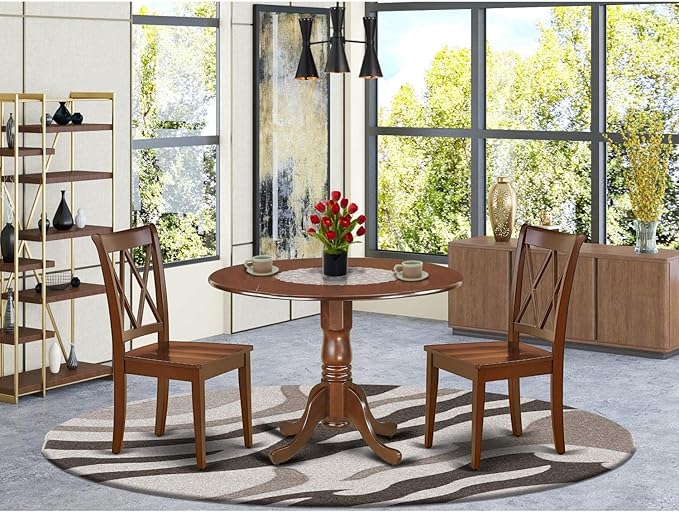 East West Furniture DLCL3-MAH-W 3 Piece Dining Table Set for Small Spaces Contains a Round Dining Room Table with Dropleaf and 2 Wooden Seat Chairs, 42x42 Inch, Mahogany