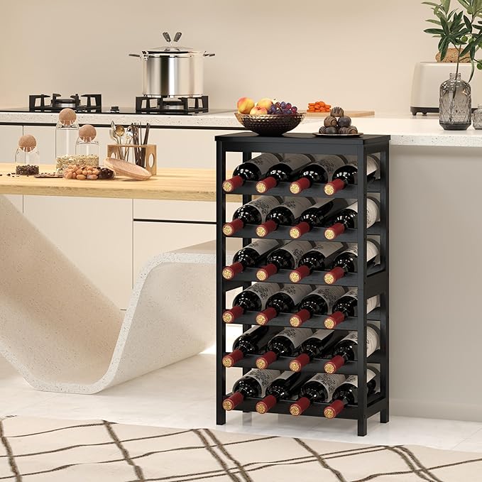 6 Tier Bamboo Wine Rack Freestanding Floor, 24 Bottles Wine Storage Shelves with Table Top, Stackable Wine Display Rack for Kitchen, Bar, Dining Room, Black
