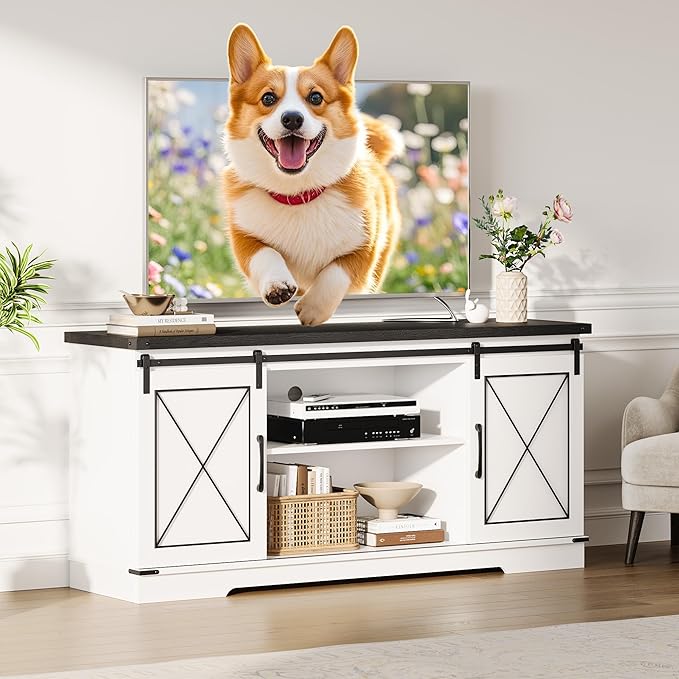 CABIHOME Farmhouse TV Stand and Entertainment Center for TV Up to 65 Inches with Sliding Barn Doors and Adjustable Shelf, TV Media Storage Console Table and Furniture for Living Room, Bedroom, White