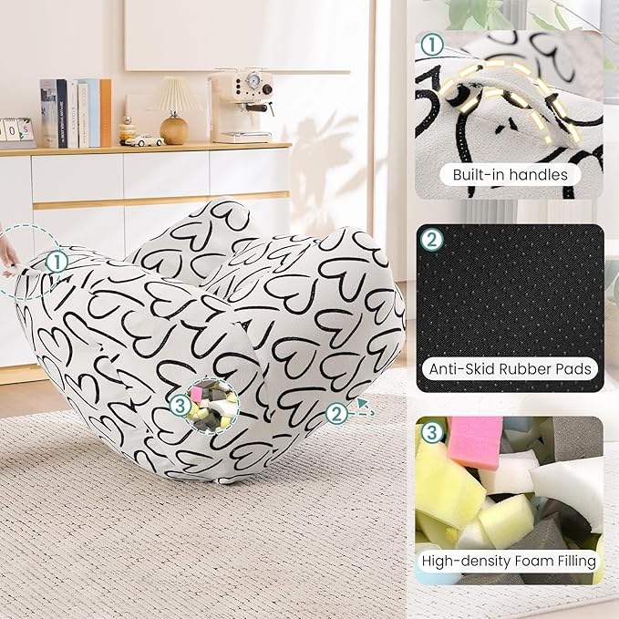 DAICO Bean Bag Chairs for Adults Comfy Accent Chair with Ottoman Floor Sofa Beanbag Couchs with Armrests White Single Lazy Sofa with Foam for Living Room Reading Bedroom Gaming (Cordate Pattern)