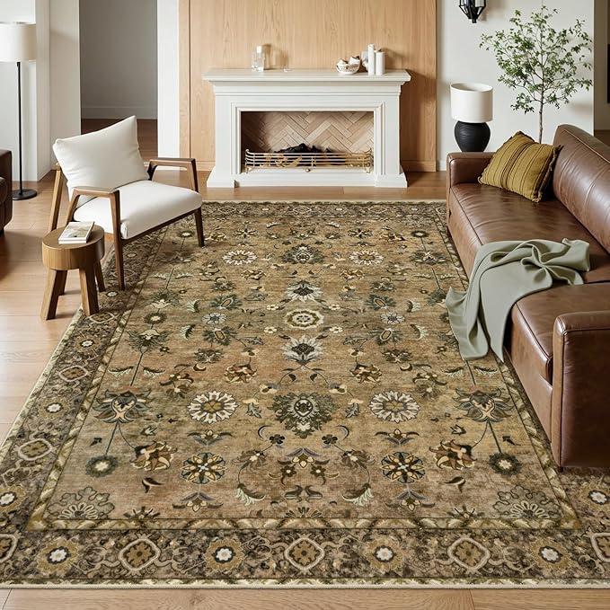 Tangsoo 4x6 Floral Vintage Rug for Living Room, Washable Vintage Area Rug Indoor, Non Slip Brown Rug for Dining Room, Soft Low Pile Rugs, Print Foldable Carpet for Dorm Living Room Bedroom
