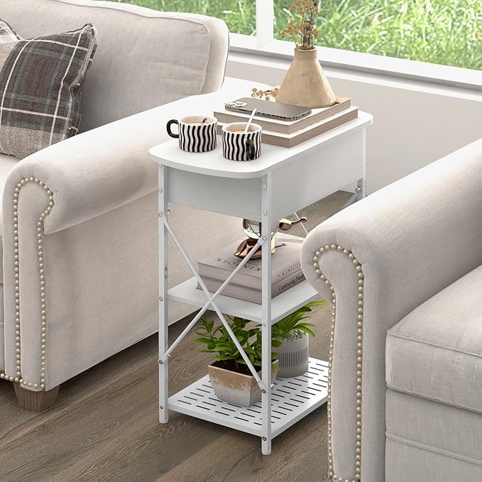 Narrow End Table with Charging Station, Side Tables Set of 2 for Small Spaces, Flip Top End Table with Storage, End Tables Living Room, Nightstand Set 2 with Drawer for Bedroom, White
